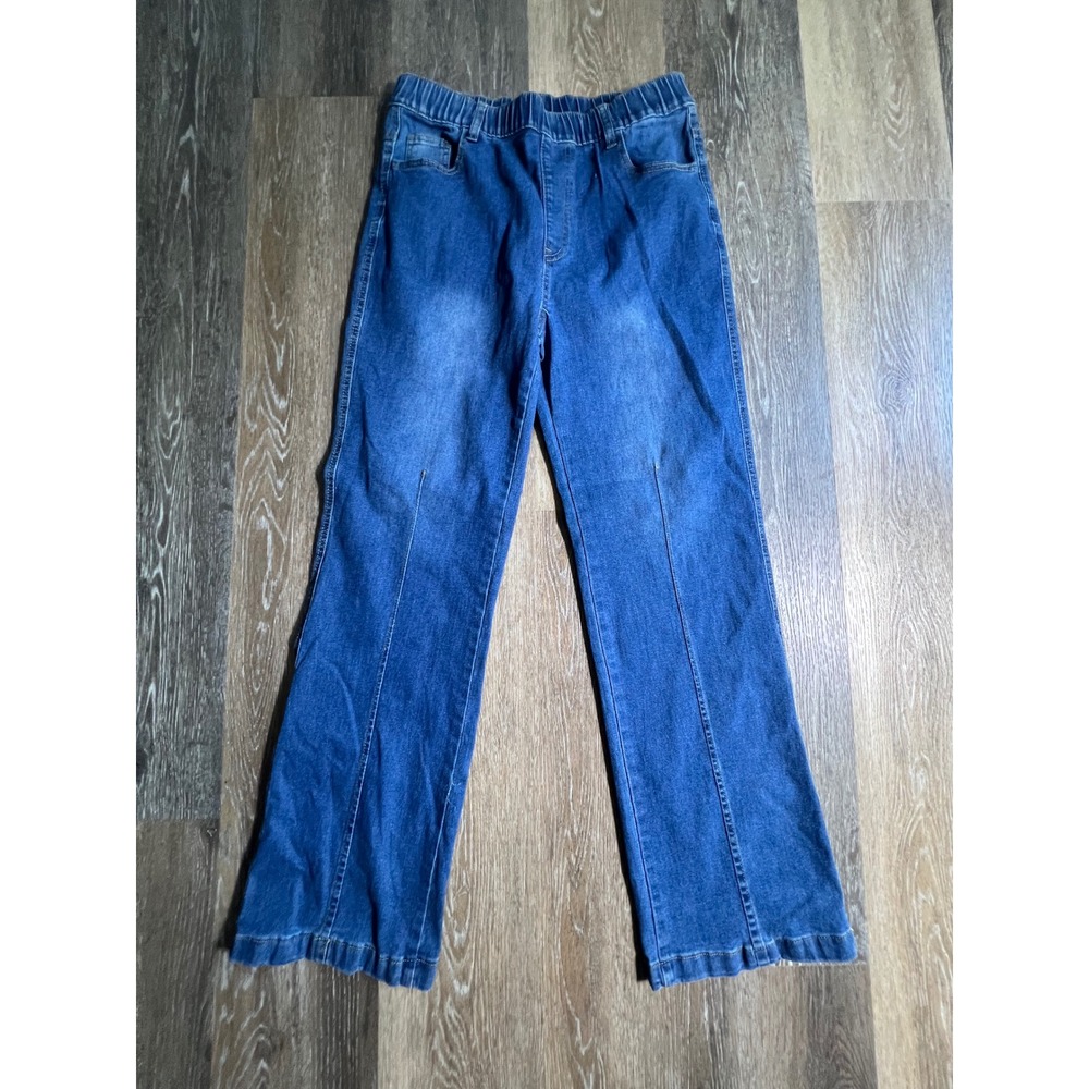 Unbranded Pull On Wide Leg Jeans Womens Size L Blue Elastic Waist High Rise Seam